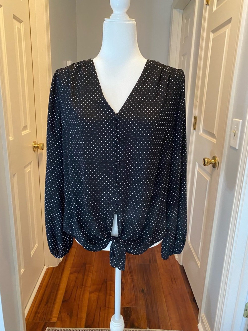 White House Black Market Black and White Polka Dot Tie-Hem Blouse